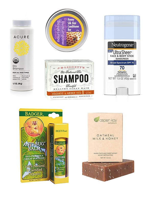 dry shampoo, solid conditioner, solid shampoo, solid sunscreen, solid bug repellent, and a bar of soap