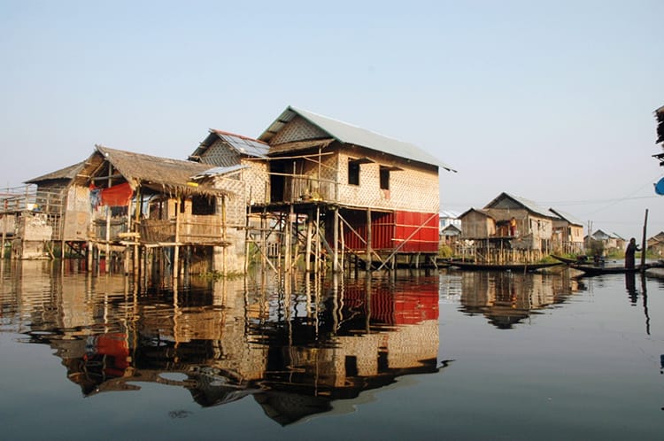 Homes built on stilts sit in Inle Lake, Myanmar unattached to any land