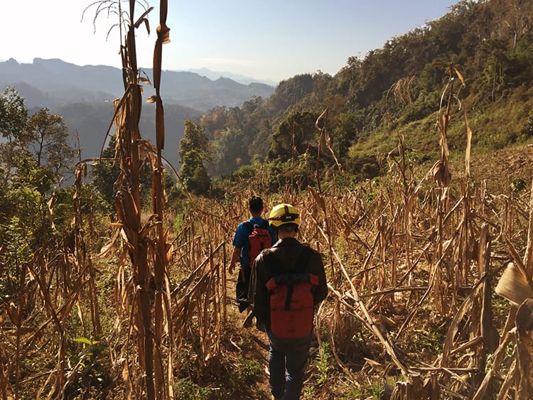 A guide and trekker walk through a field in Thailand