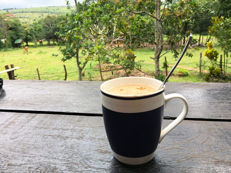 A cup of coffee sits on a bar overlooking the green grounds below at the Nature Lodge in Mondulkiri, Cambodia near the Elephant Sanctuary