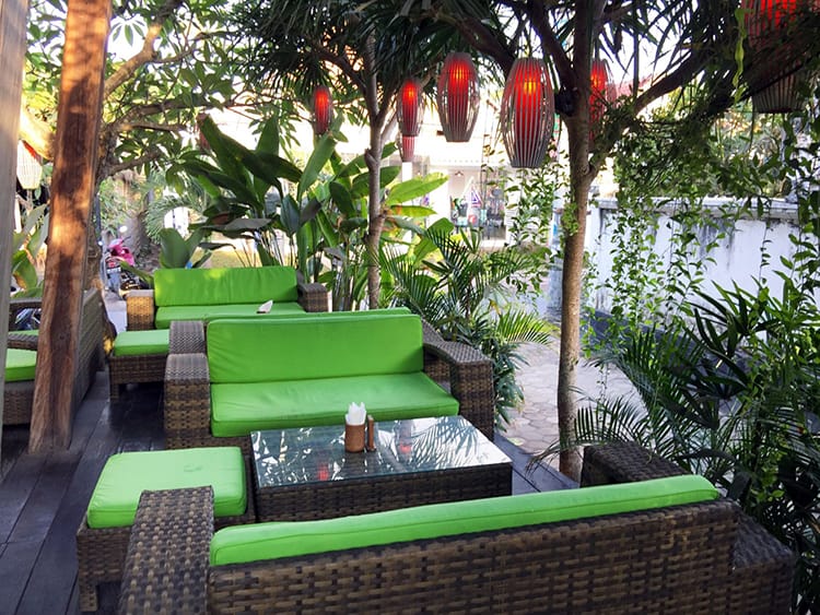 The outdoor seating area at  Lemongrass Restaurant in Nusa Lembongan Bali 