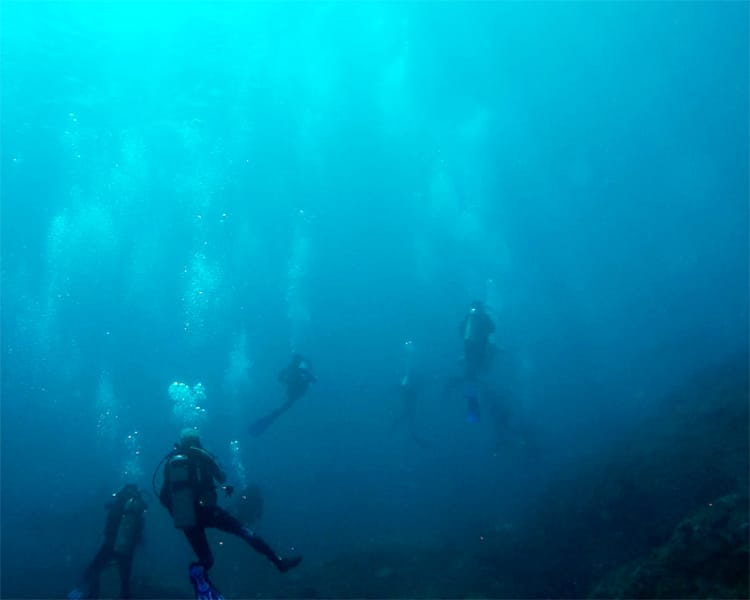 Bubbles float above divers and they sink down into the ocean during a dive in Bali