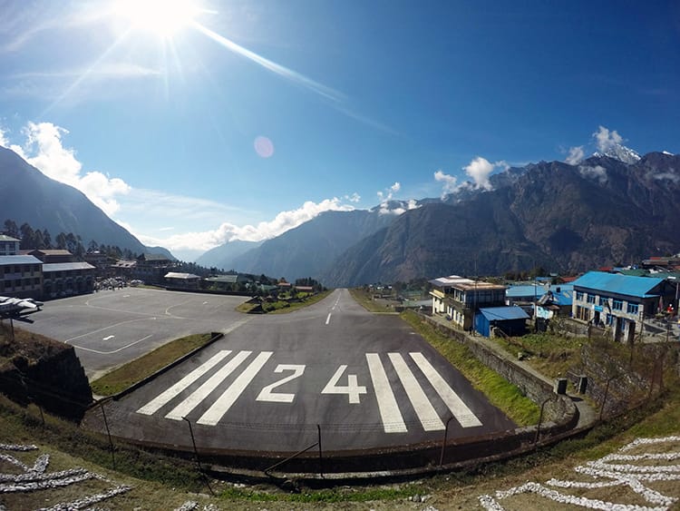The landing strip in Lukla Airport which goes off a cliff