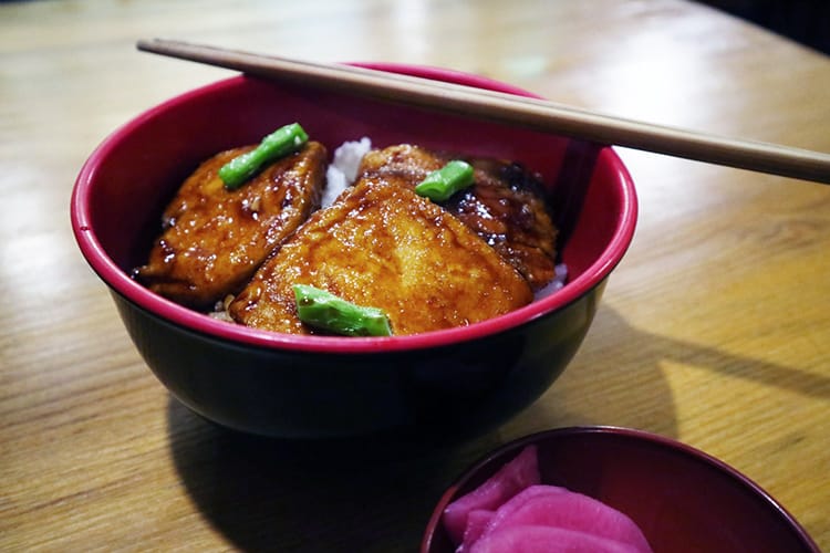 Sweet tofu over rice at Momotarou Japanese Restaurant in Thamel