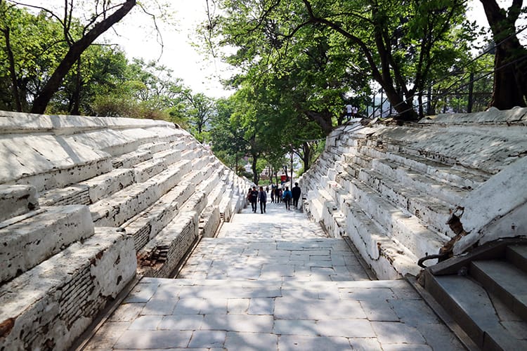 A large stone stairway leading past the temples and up to a peaceful park