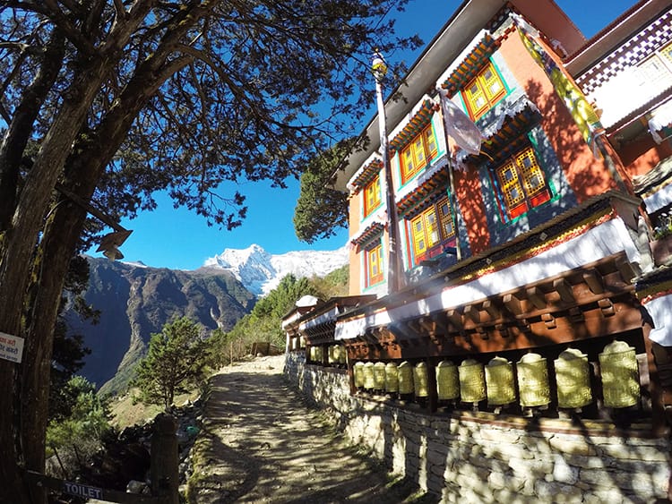 A beautiful brightly painted monastery along the trail to Namche Bazaar