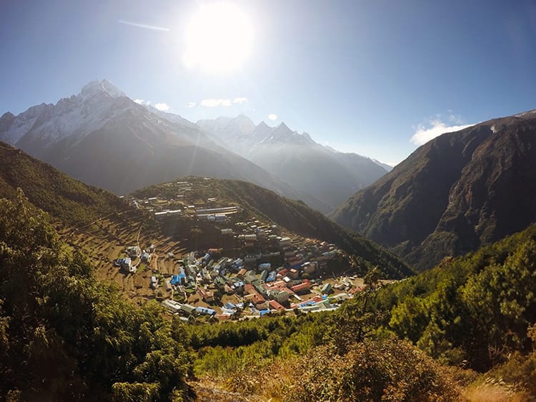 The small city of Namche Bazaar which sits nestled in the mountains with no road access