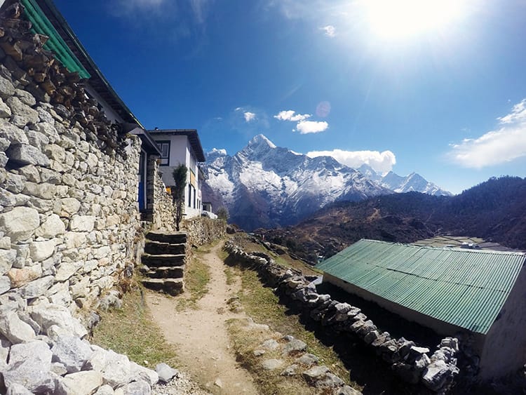 A stone teahouse with a magnificent view of the Himalaya Mountains