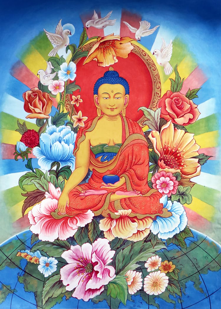 A detailed thangka painting of lord Buddha sitting on top of the world surrounded by flowers by Kichaa M Chitrakar
