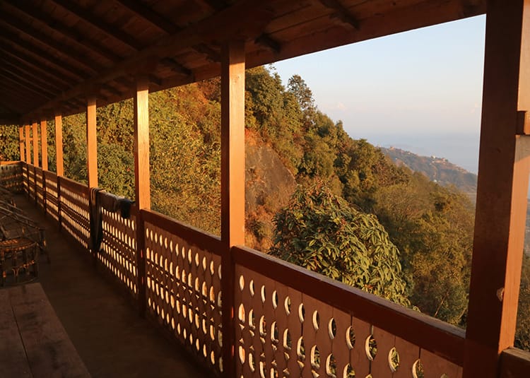 The balcony at Everest Manla Resort at sunrise in Nagarkot