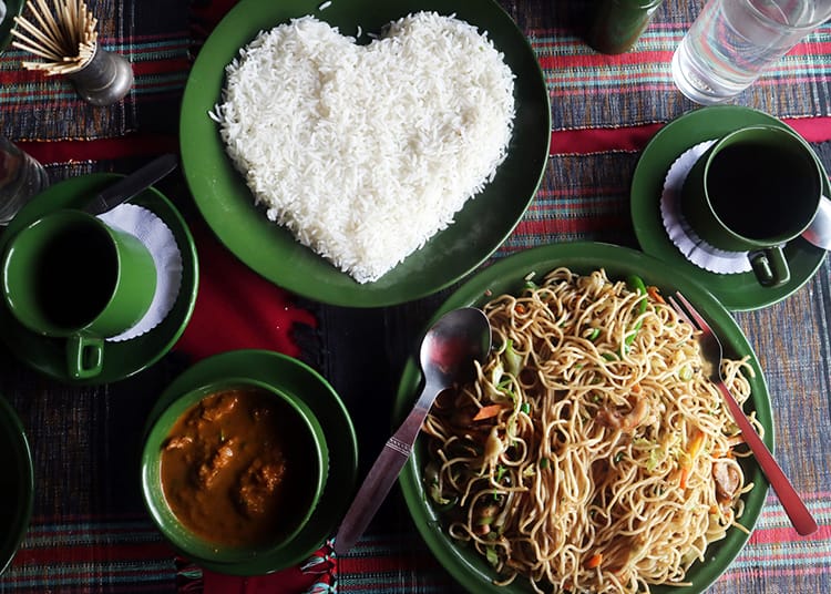 Chowmein and rice in the shape of a heart