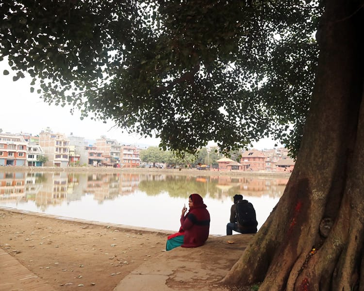 Two people sit in the shade of a chautari tree while looking at Kamal Pokhari