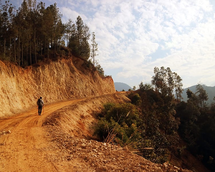 Suraj walks up the orange clay road leading to the Balthali Eco Resort
