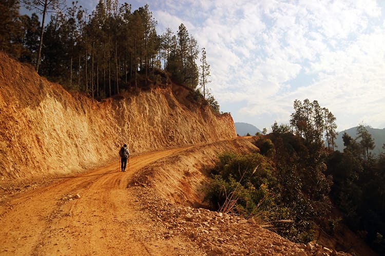 A hiker walks up the final stretch of dirt road before reaching the Balthali Eco Resort