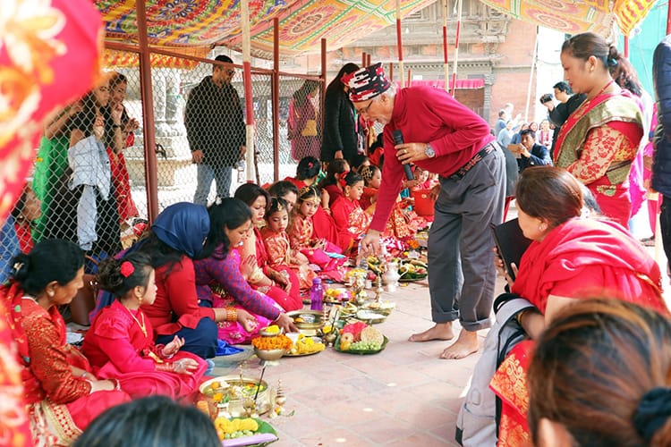 Newari girls perform puja during the Ihi ceremony