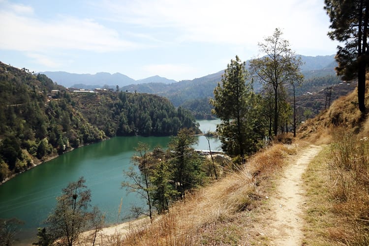 Kulekhani Reservoir trekking trail with the lake on the left