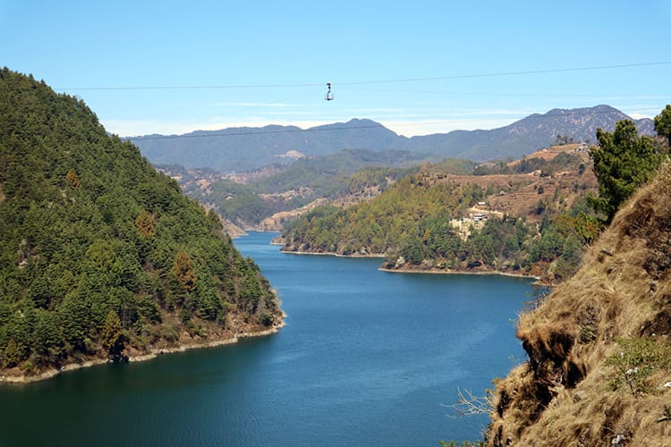 An overhead view of the Kulekhani Reservoir from the highway that leads to the dam