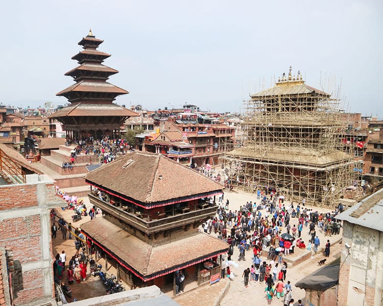 An overhead view of Nyatapola temple and the crowd getting ready for Bisket Jatra