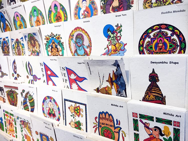 Lokta paper postcards displayed in a souvenir shop in Nepal