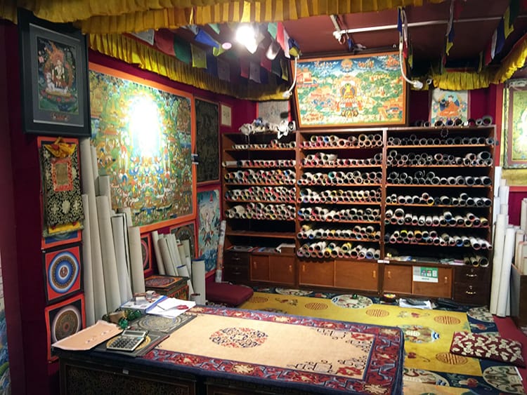 Inside a Thangka painting store in Thamel where they are sold as souvenirs