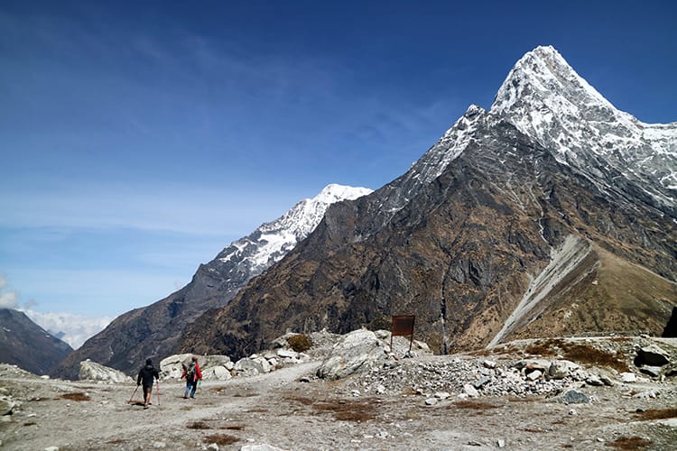 Trekkers descend from Tsho Rolpa Lake in Nepal