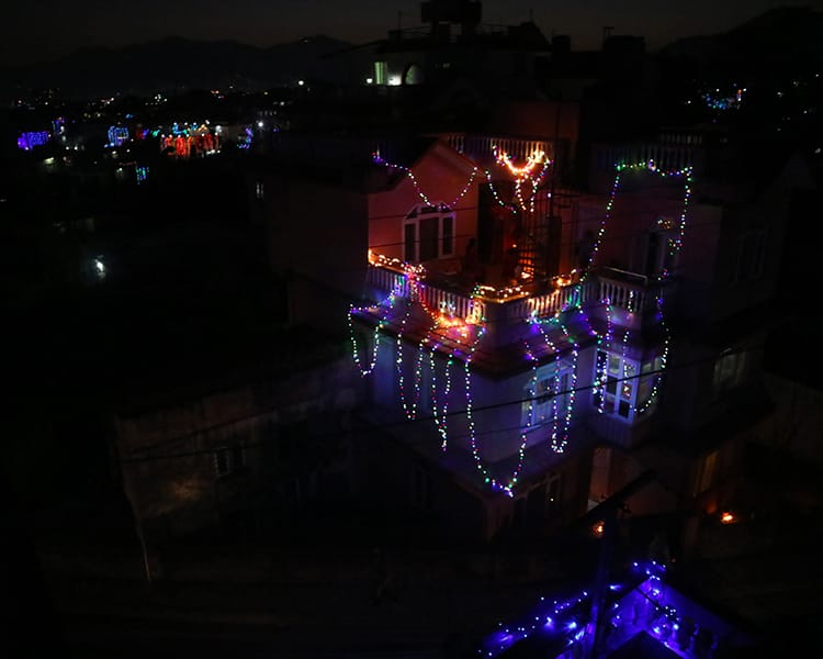 LED lights hang from roofs around Kathmandu during Tihar