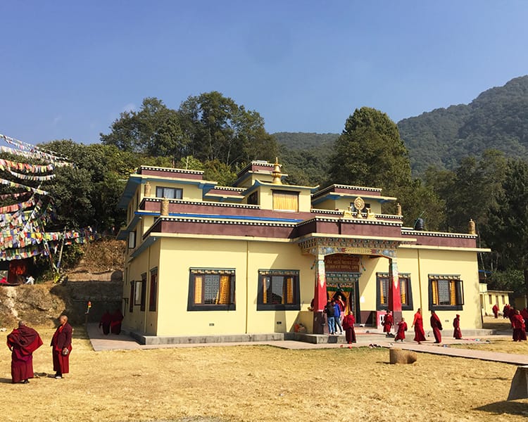Nuns leave Nagi Gompa Monastery in Kathmandu, Nepal after morning chanting
