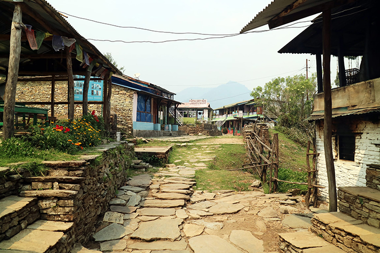 A stone pathway goes through Pothana, Nepal