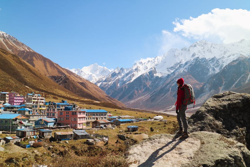 Michelle Della Giovanna from Full Time Explorer overlooking Kyanjin Gompa