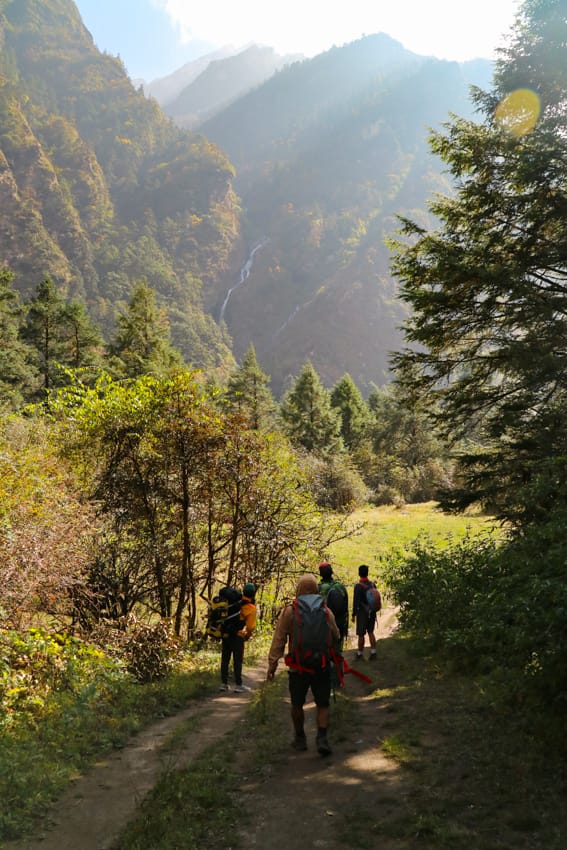 Trekkers walk through the woods towards the village of Lama Hotel