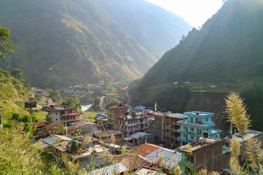 An overhead view of the colorful modern buildings of Syabrubesi, Nepal