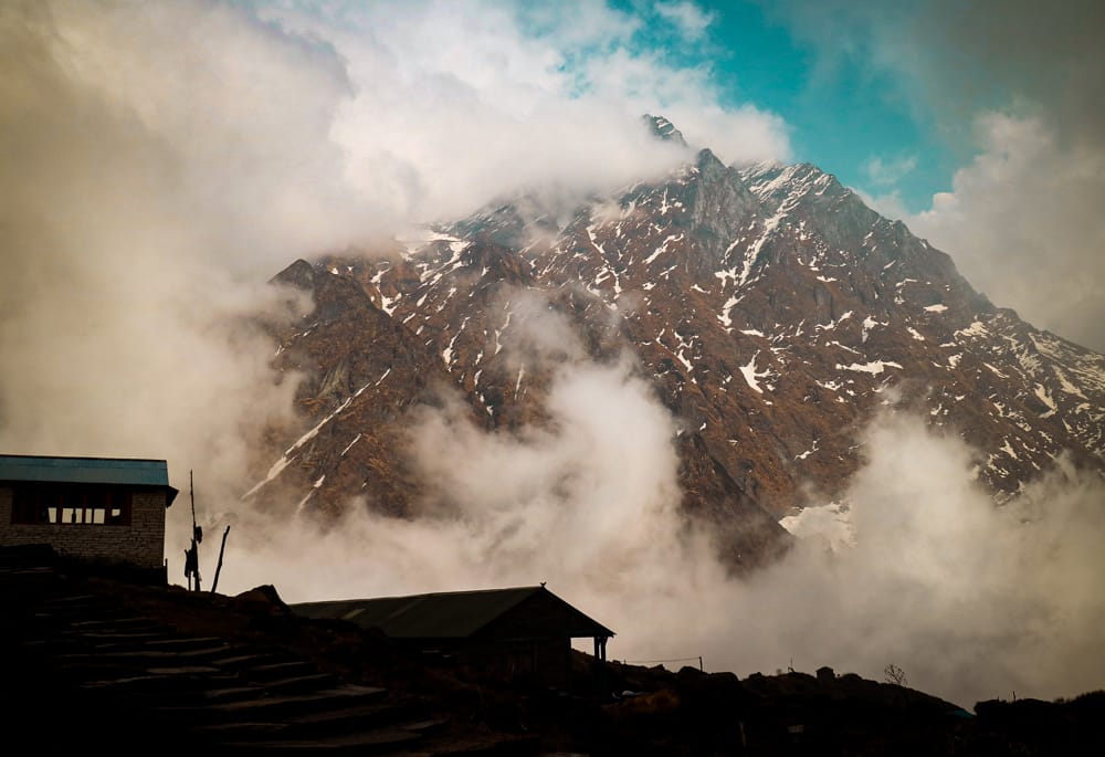 Clouds surround the mountains at Machhapuchhre Base Camp