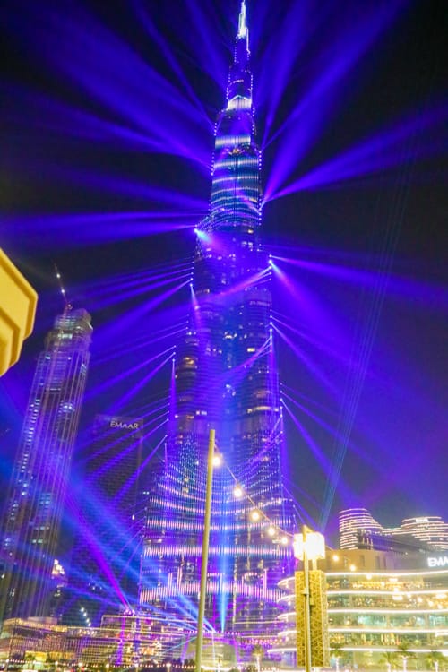 Burj Khalifa lit up at night for the light show