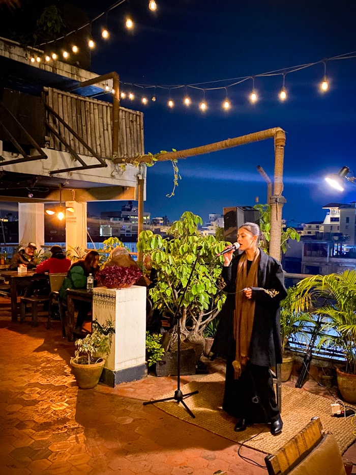 Rose singing on the rooftop lounge called Bimba in Thamel Nepal