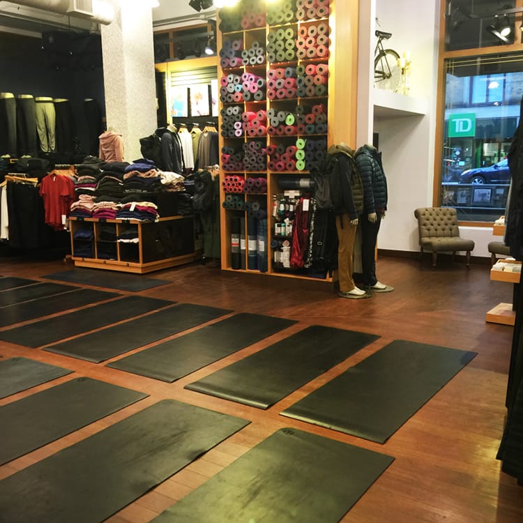 Yoga mats lined up in the Lulu Lemon store in Manhattan