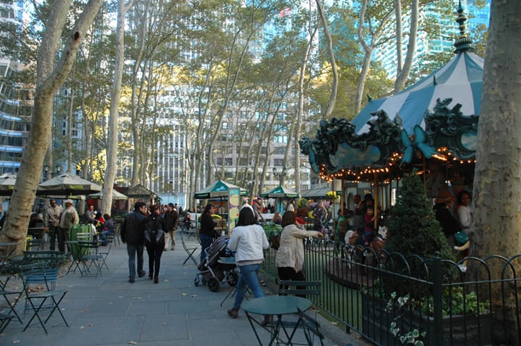Vendors line up around Bryant Park during the holidays for the winter village market