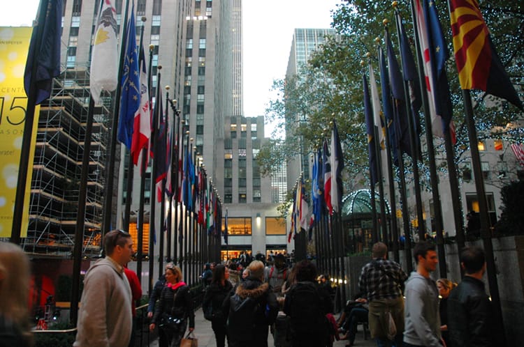 Flags line the path around Rockefeller Center