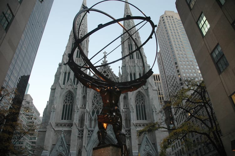 The Atlas statue in front of one of the Rockefeller Center buildings and across the street from St. Patrick's Cathedral.