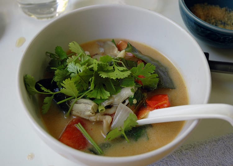 Thai style coconut chicken soup made at a Thai cooking class in Chiang Mai