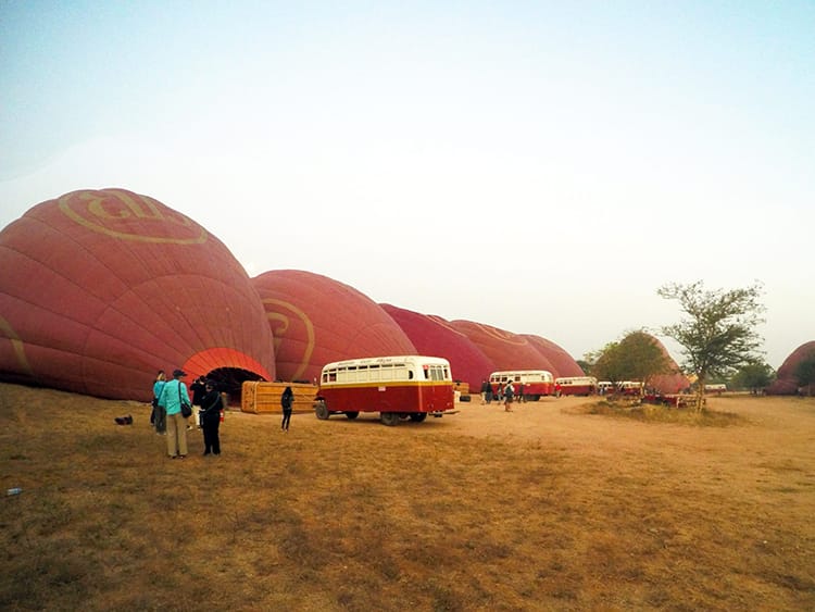 Buses line up in front of hot air balloons as they are inflated in the morning in Bagan