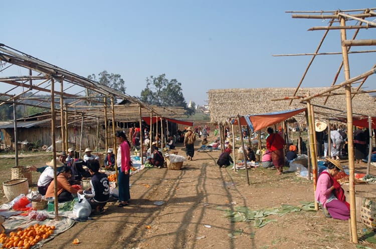 The market in Inle Lake, Myanmar which has vendors selling vegetables in small huts