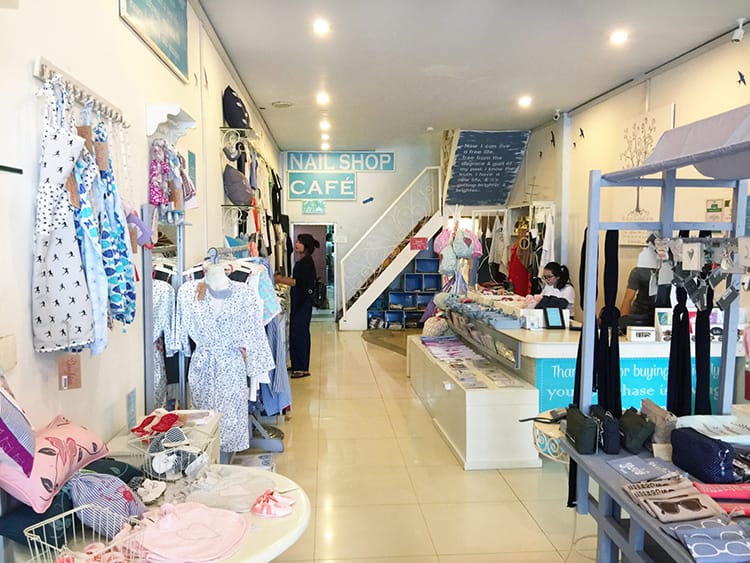 Inside the pastel colored Daughters of Cambodia store in Phnom Penh