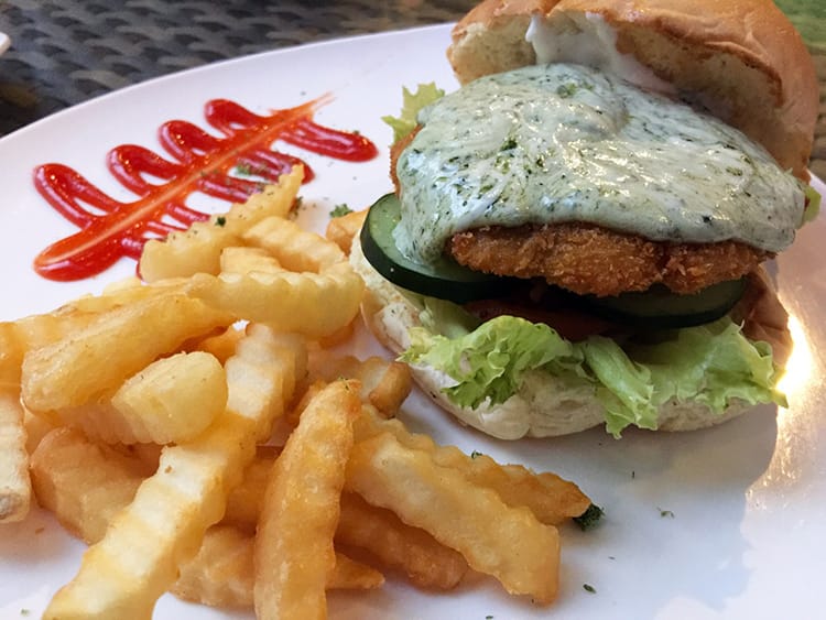 A delicious shrimp burger and french fries at Lemongrass Restaurant in Nusa Lembongan Bali