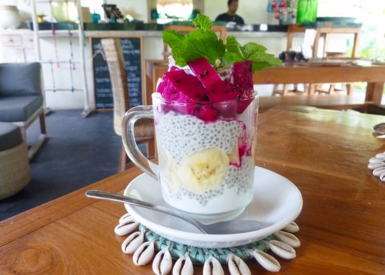 A chia seed pudding with dragon fruit on top at Tigerlilly Restaurant in Nusa Lembongan Bali