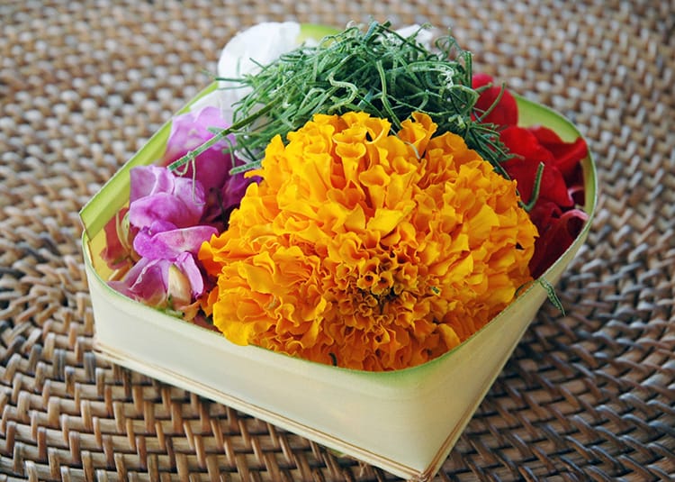 A traditional Hindu Balinese offering to the gods which includes flowers, grass and cookies
