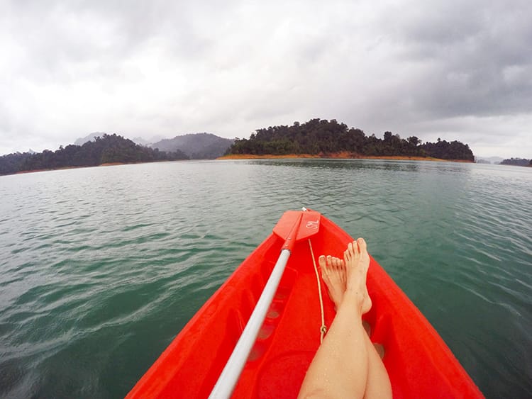 A kayak in Khao Sok National Park on Cheow Lan Lake during an Overnight Tour