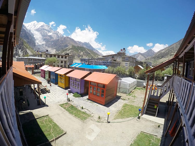 The brightly colored tourist accommodations of Manang along the Annapurna Circuit