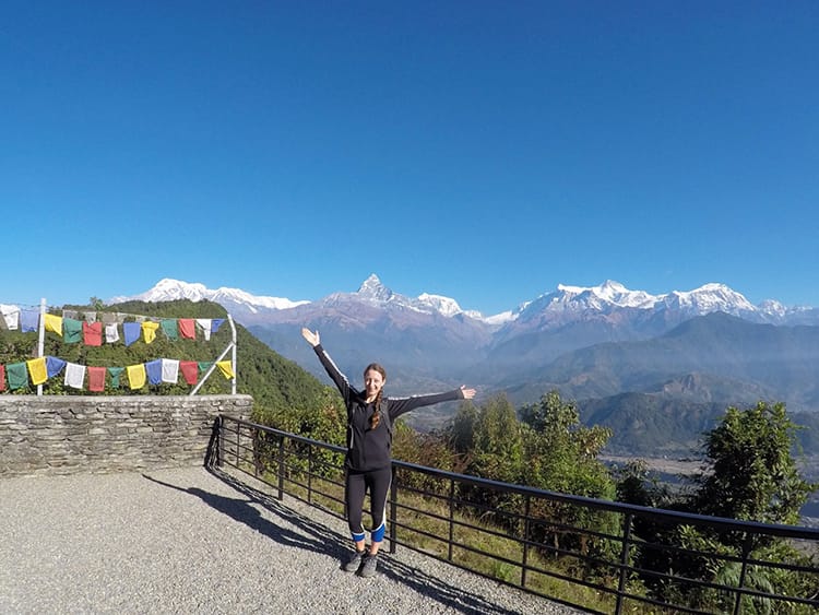 Michelle Della Giovanna from Full Time Explorer stands at the take off for the Zip Flyer in Pokhara, Nepal