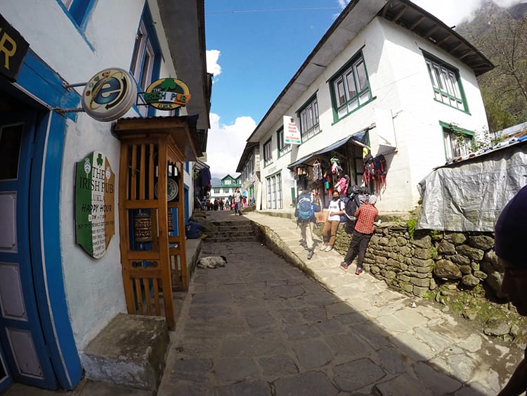 A street in Lukla with restaurants, bars and coffee houses on each side