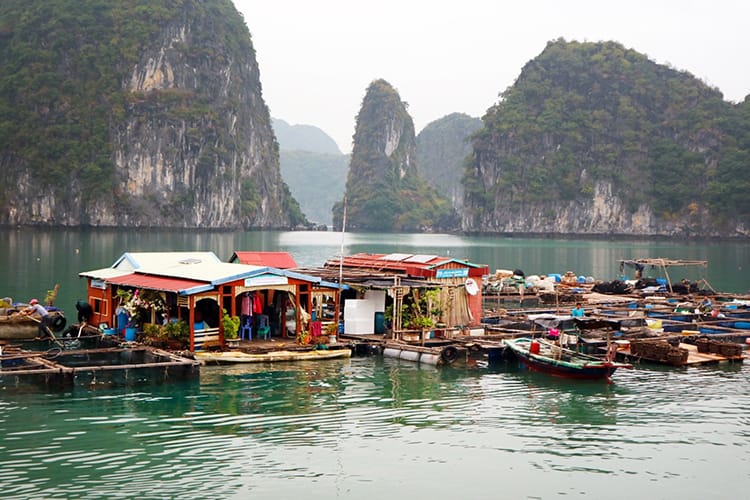 Floating villages in Halong Bay which are bright and colorful